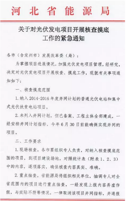 河北能源局下發(fā)《對(duì)光伏發(fā)電項(xiàng)目開(kāi)展核查摸底工作》的通知 弄虛作假取消并網(wǎng)指標(biāo)！