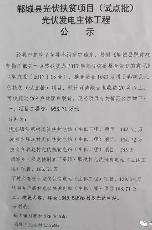 1546.54MW！河南鄲城縣公示光伏扶貧項(xiàng)目（試點(diǎn)批）光伏發(fā)電主體工程