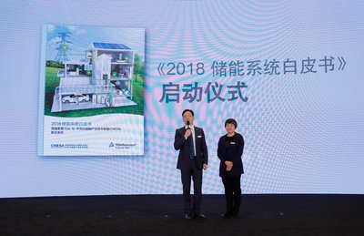 TUV萊茵大中華區(qū)太陽能及燃料電池技術服務總經(jīng)理李衛(wèi)春與中關村儲能產(chǎn)業(yè)技術聯(lián)盟秘書長張靜共同啟動《2018年儲能系統(tǒng)白皮書》