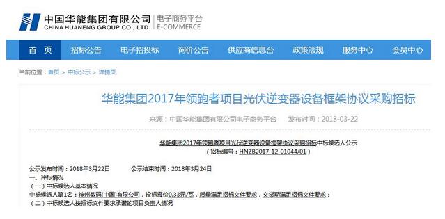 0.33元/瓦！神州數(shù)碼中標(biāo)華能領(lǐng)跑者項目光伏逆變器采購