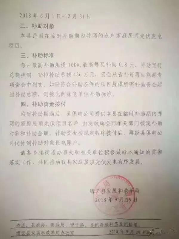 浙江縉云出臺(tái)后“531”家庭光伏臨時(shí)補(bǔ)助政策:最高每瓦0.8元